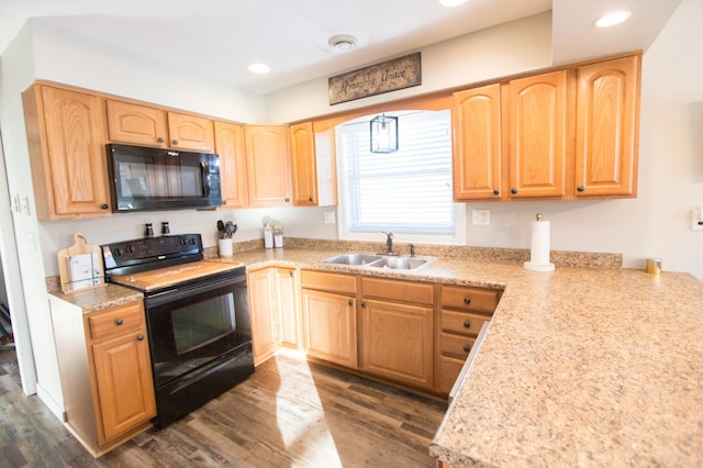 kitchen with light stone counters, black appliances, dark hardwood / wood-style flooring, and sink