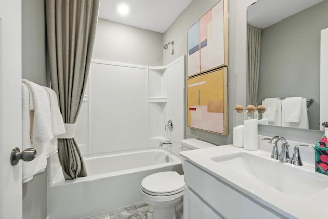 full bathroom featuring vanity, shower / tub combo, and toilet