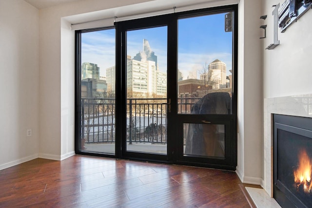 500 Grant St Unit 204, Minneapolis, MN 55404 - spare room featuring a fireplace, wood finished floors, and a view of city