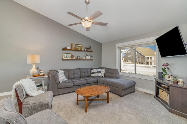 living room featuring light carpet, vaulted ceiling, and ceiling fan