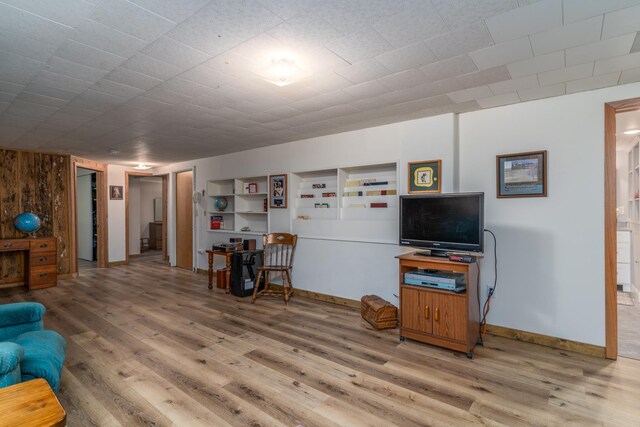 living room featuring built in shelves and wood-type flooring