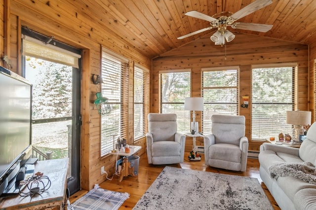 sunroom with ceiling fan, vaulted ceiling, a wealth of natural light, and wood ceiling