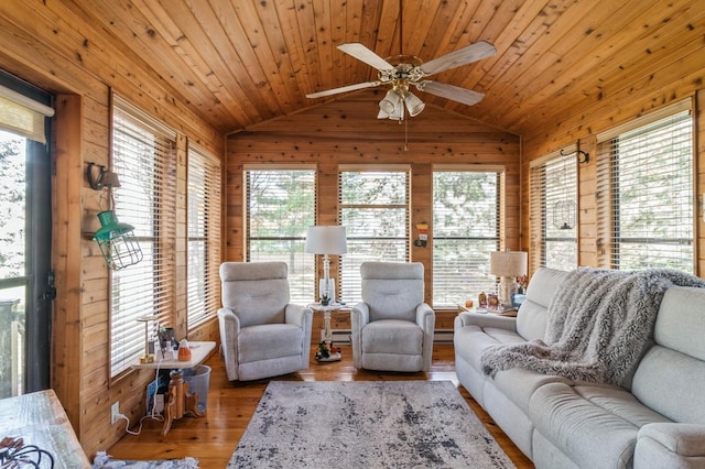 living room with hardwood / wood-style flooring, wood ceiling, and wooden walls