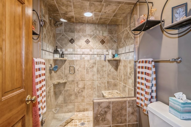 bathroom with toilet and curtained shower