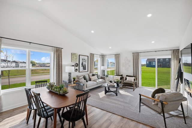 living room featuring light wood-type flooring, vaulted ceiling, and a wealth of natural light