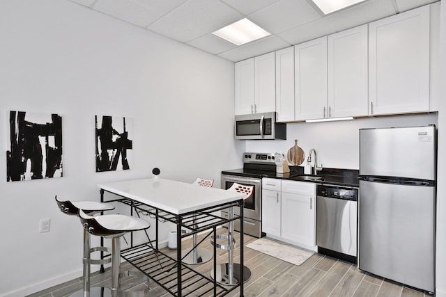 kitchen with white cabinets, a paneled ceiling, stainless steel appliances, and sink