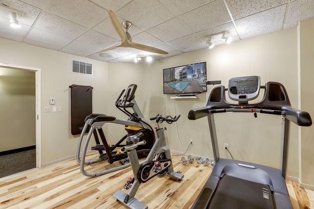 exercise room with hardwood / wood-style floors and a paneled ceiling