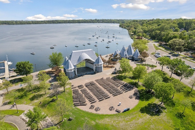 drone / aerial view with a water view