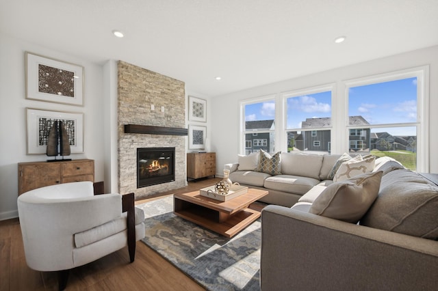 living room with a fireplace, hardwood / wood-style floors, and a healthy amount of sunlight