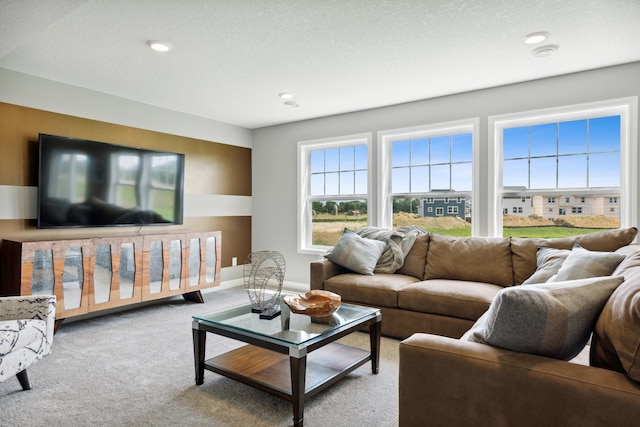 living room featuring light colored carpet and a textured ceiling