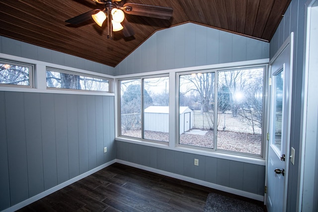 unfurnished sunroom with ceiling fan, wood ceiling, and lofted ceiling