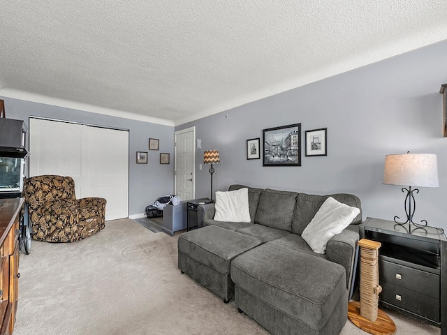 living room with carpet and a textured ceiling