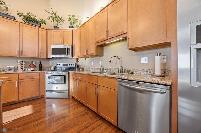 kitchen featuring sink, dark hardwood / wood-style flooring, light stone countertops, and appliances with stainless steel finishes