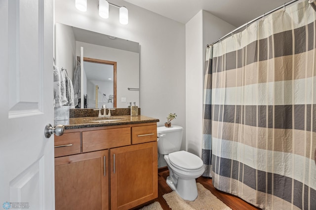 bathroom featuring toilet, vanity, and hardwood / wood-style floors