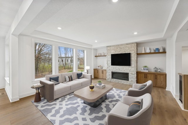 living room featuring a fireplace, a raised ceiling, and light hardwood / wood-style flooring