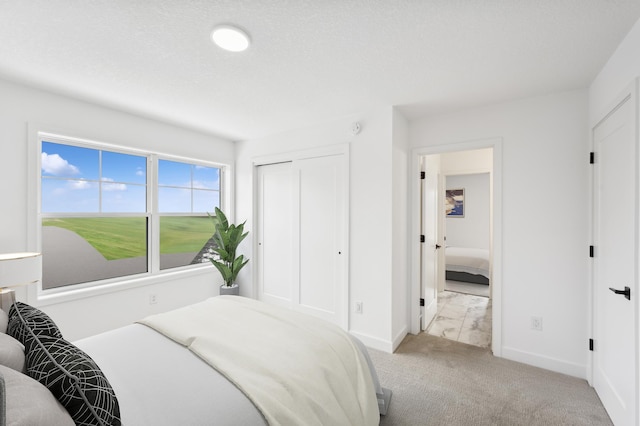 bedroom featuring light colored carpet and a closet