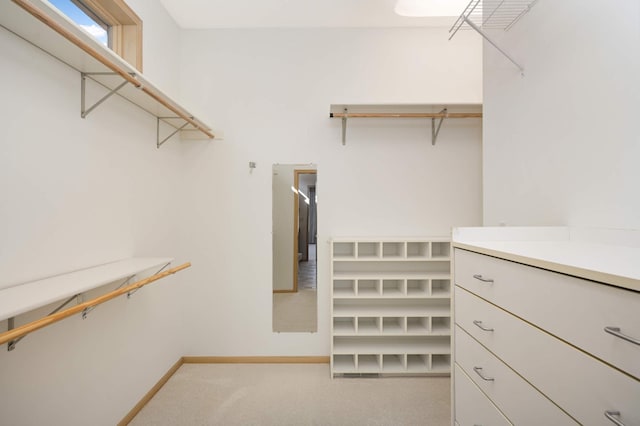 walk in closet featuring light colored carpet