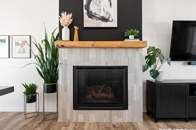 details featuring a glass covered fireplace, baseboards, and wood finished floors