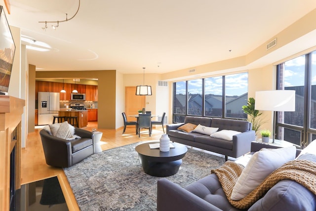 living room with light wood-type flooring and visible vents