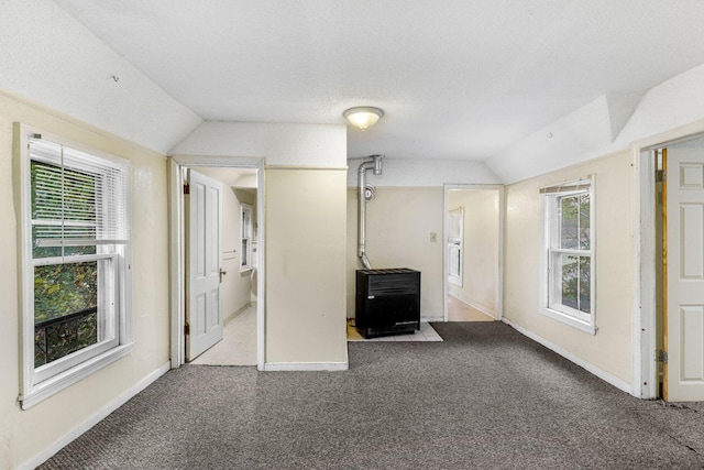 interior space with carpet floors, multiple windows, and vaulted ceiling