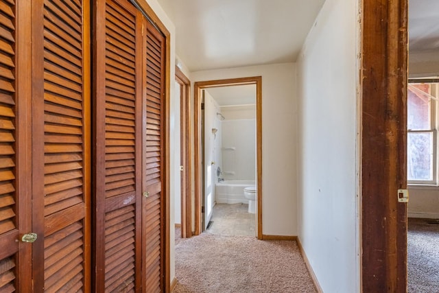 hall featuring carpet and baseboards