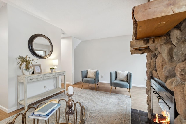 living area featuring a fireplace and hardwood / wood-style flooring