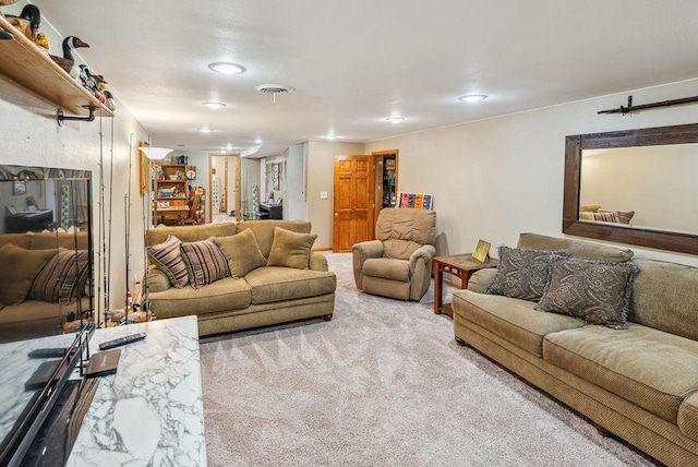 living room with carpet floors and visible vents