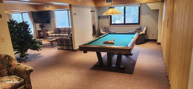 rec room with carpet floors, billiards, and wood walls