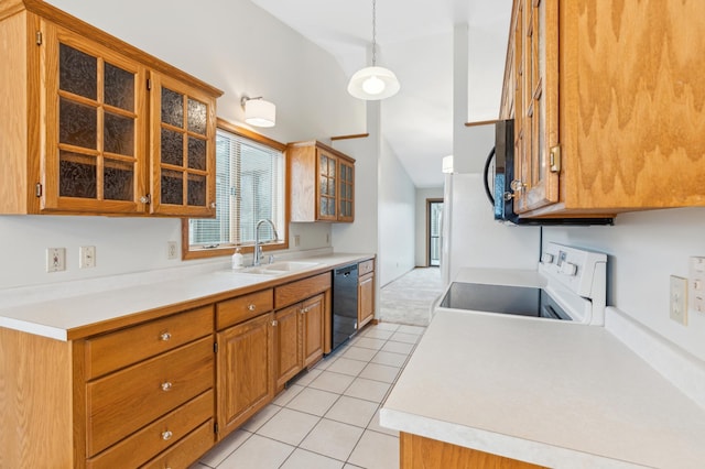 kitchen with sink, vaulted ceiling, decorative light fixtures, light tile patterned floors, and black appliances