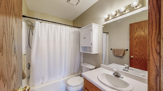 full bathroom with toilet, a textured ceiling, shower / bathtub combination with curtain, and vanity