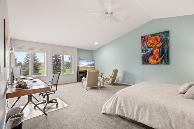 bedroom featuring vaulted ceiling, ceiling fan, and light carpet