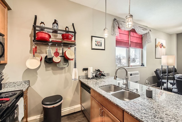 kitchen featuring light stone counters, sink, decorative light fixtures, dishwasher, and black electric range oven