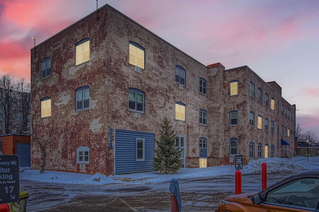 view of snow covered building