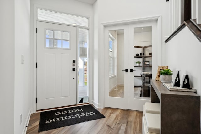 entrance foyer featuring french doors, light hardwood / wood-style flooring, and a wealth of natural light