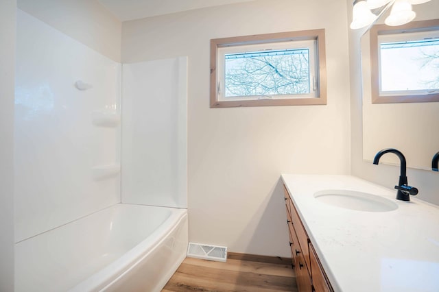 bathroom with hardwood / wood-style flooring and vanity