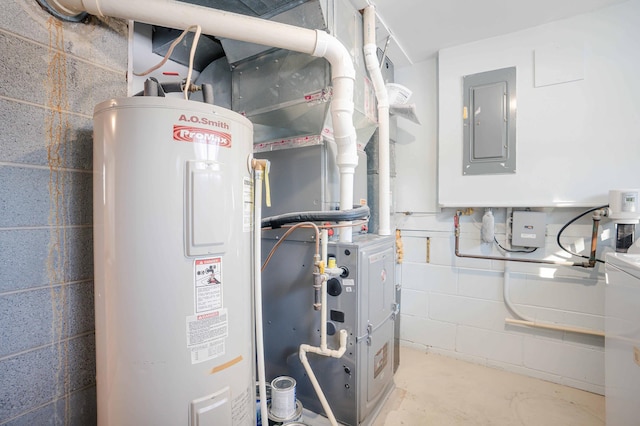 utility room featuring electric panel and water heater