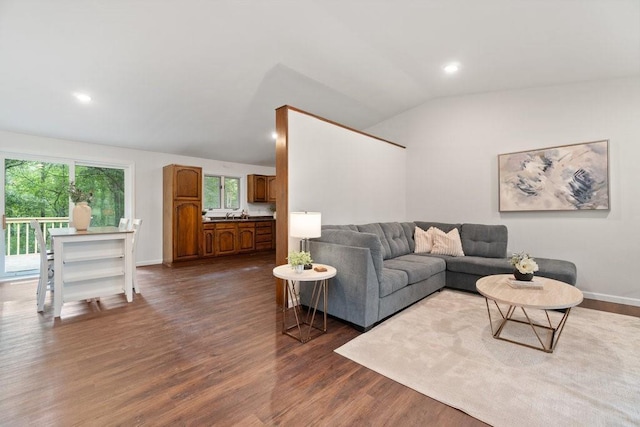 living room featuring vaulted ceiling and dark wood-type flooring