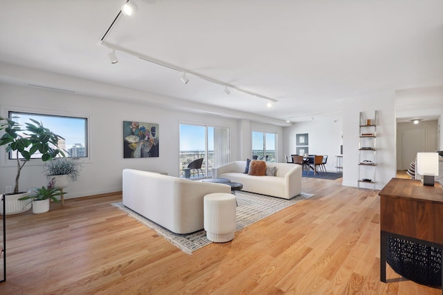 living room featuring track lighting and light wood-type flooring