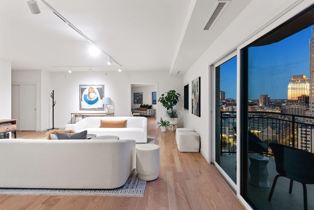 living room with track lighting and light hardwood / wood-style flooring