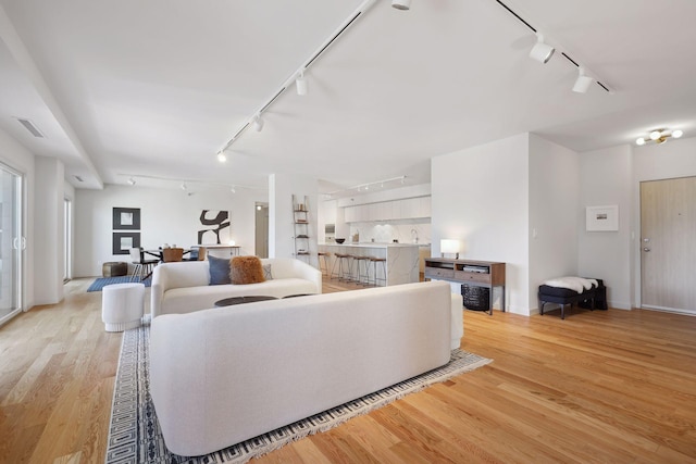 living room with rail lighting and light hardwood / wood-style floors