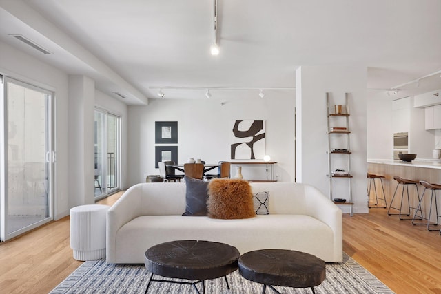 living room with rail lighting and light hardwood / wood-style floors