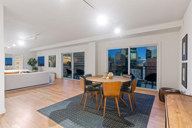 dining area with rail lighting and light hardwood / wood-style flooring