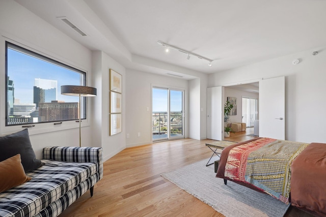 bedroom featuring multiple windows, access to exterior, and light wood-type flooring