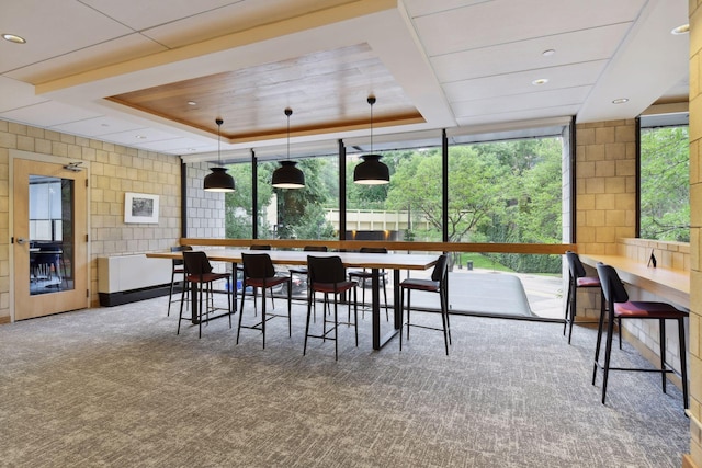 dining room featuring floor to ceiling windows, a raised ceiling, and carpet