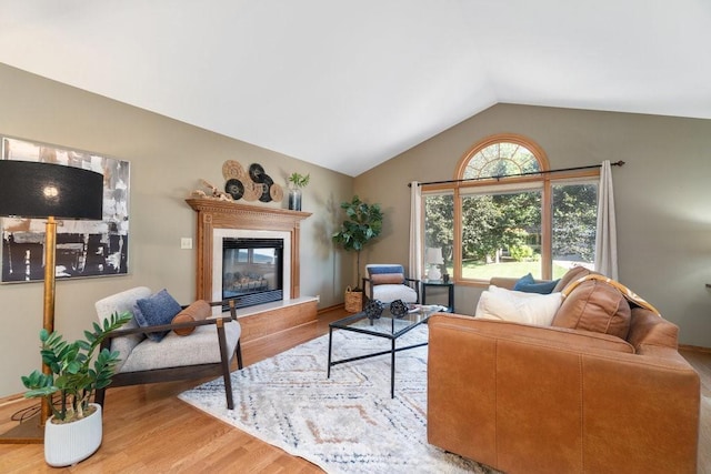 living room with wood-type flooring and lofted ceiling