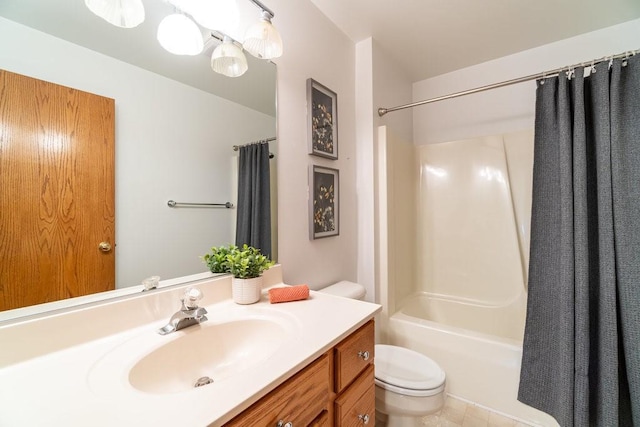 full bathroom featuring vanity, shower / bath combination with curtain, and toilet