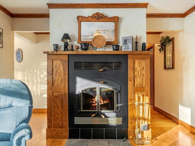 details featuring hardwood / wood-style flooring and ornamental molding