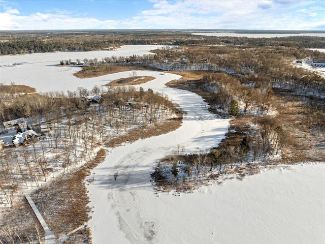 snowy aerial view with a water view