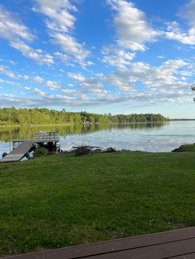 dock area with a yard and a water view