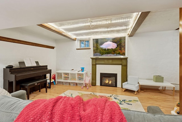 living room with a fireplace and wood-type flooring